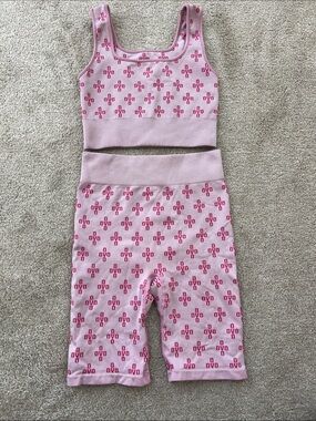 OVO Pink Logo Knit Crop Top & Biker Shorts Set